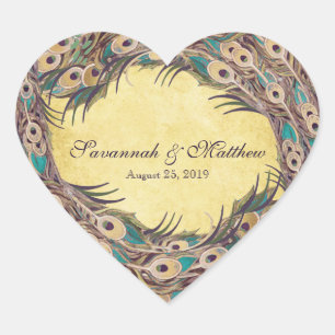 Pegatina En Forma De Corazón Elegancia de Pavo Real de Damasco Berenjena Oro y
