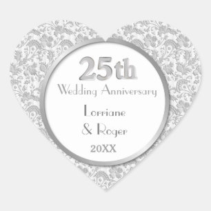 Pegatina En Forma De Corazón Elegancia floral plateada 25º aniversario Boda