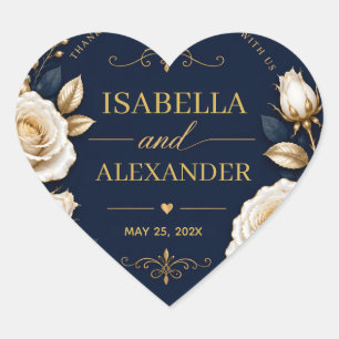 Pegatina En Forma De Corazón Elegant White and Gold Rose on Navy Blue 