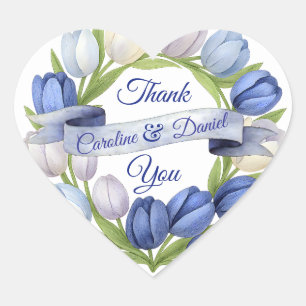 Pegatina En Forma De Corazón Elegante acuarela Tulip Wreath Boda Marfil Azul