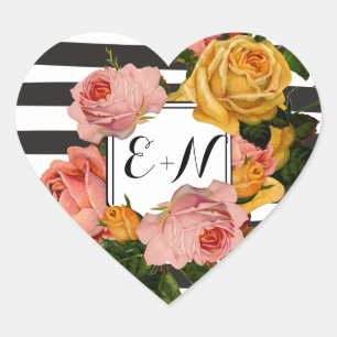 Pegatina En Forma De Corazón Elegante Boda de Rosas de rayas negras