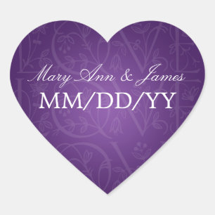 Pegatina En Forma De Corazón Elegante Boda Fecha El Amor Florece Morado