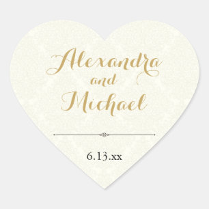 Pegatina En Forma De Corazón Elegante clásico marfil oro negro Damask Wedding