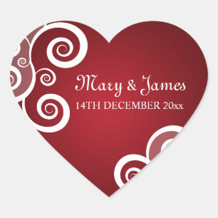 Pegatina En Forma De Corazón Elegante Fecha de Boda Blanco Swirls Rojo