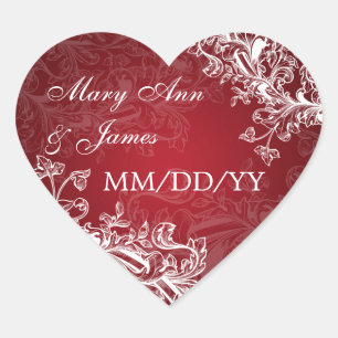 Pegatina En Forma De Corazón Elegante Fecha de Boda Vintage Swirls Rojo