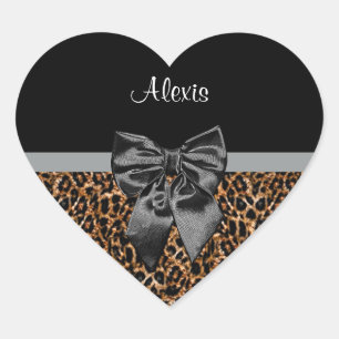 Pegatina En Forma De Corazón Elegante Leopard Print Elegant Black Bow and Name