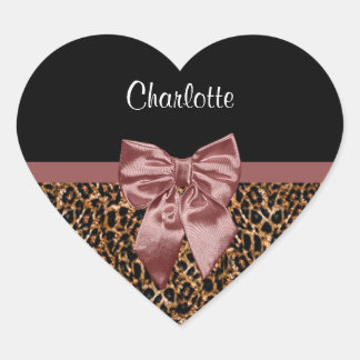 Pegatina En Forma De Corazón Elegante Leopard Print Elegant Brown Bow and Name