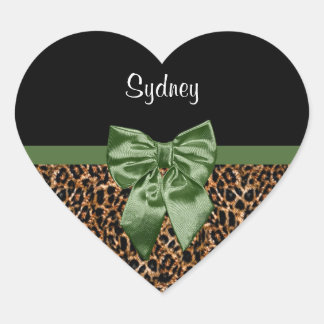 Pegatina En Forma De Corazón Elegante Leopard Print Elegant Green Bow and Name