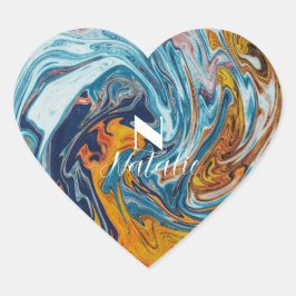 Pegatina En Forma De Corazón Elegante Monograma de Oro Azul de Lujo
