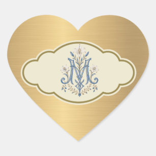 Pegatina En Forma De Corazón Elegante Monograma Marian Dorado Metálico