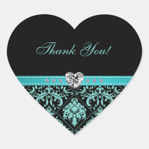 Pegatina En Forma De Corazón Elegante Pegatinas del Aqua Blue Damask "Gracias"