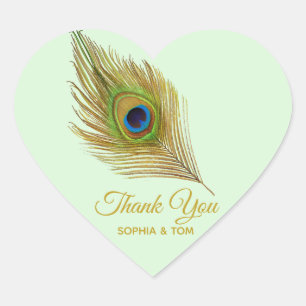 Pegatina En Forma De Corazón Elegante pluma dorada de pavo real Gracias