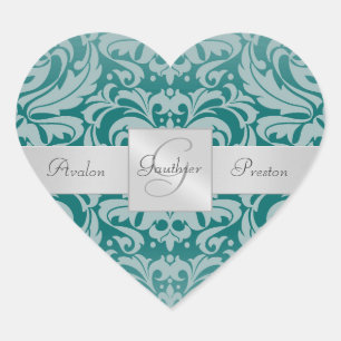 Pegatina En Forma De Corazón Elegante Verde azulado Damask Monograma Boda coraz