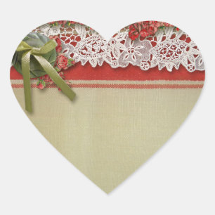 Pegatina En Forma De Corazón Encaje de Rosa Antigua Arpillera Roja Victoriana R