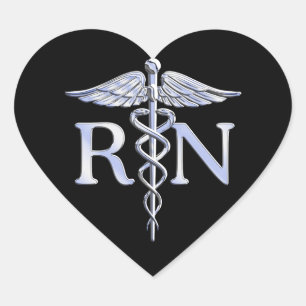 Pegatina En Forma De Corazón Enfermera inscrita RN Silver Caduceus Snakes Black