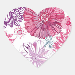 Pegatina En Forma De Corazón Estilo floral rosa y morado retro