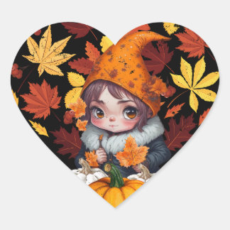Pegatina En Forma De Corazón Fall Vibes Gnome Pumpkin Heart Hello Otumt Vibes