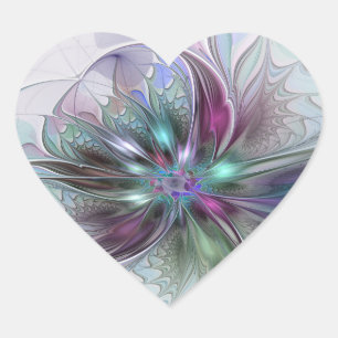 Pegatina En Forma De Corazón Fantasía abstracta moderna fractal floral colorida