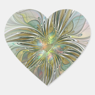 Pegatina En Forma De Corazón Fantasía floral arte fractal moderno flor con oro