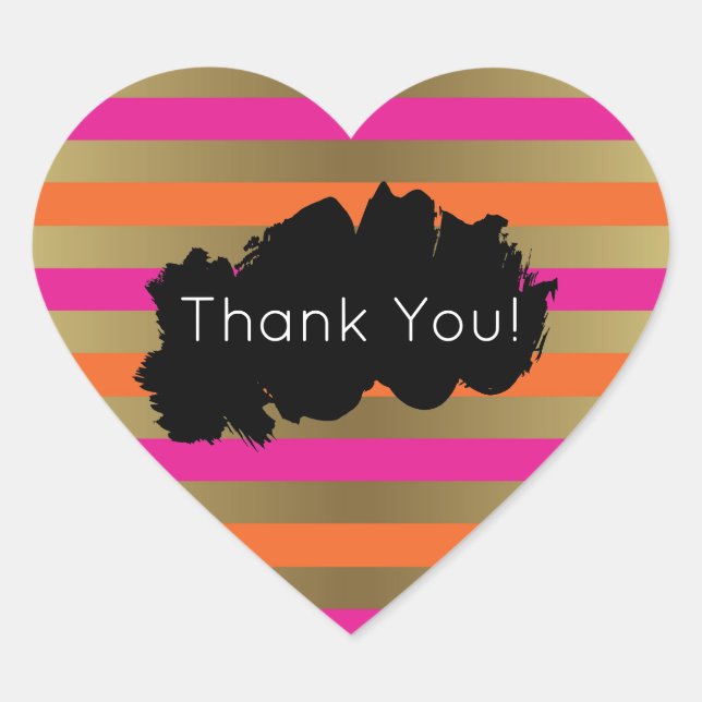 Pegatina En Forma De Corazón Faux, Naranja y Faux Metallic Gold Stripes Gracias (Anverso)