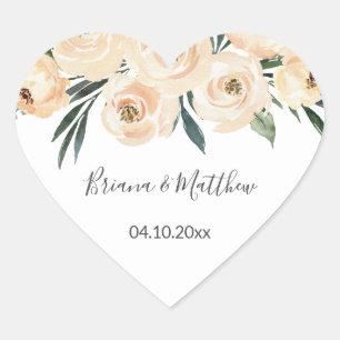 Pegatina En Forma De Corazón Favor de boda Floral Beige Blush sobre Blanco