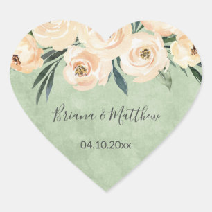 Pegatina En Forma De Corazón Favor de boda Floral Beige Blush sobre Verde