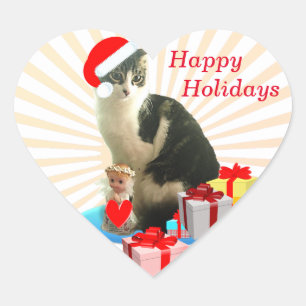 Pegatina En Forma De Corazón Felices Fiestas Gato de Navidad y Ángel