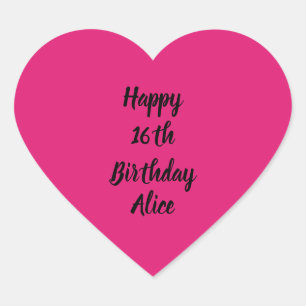 Pegatina En Forma De Corazón Feliz 16º cumpleaños Pink Black Custom Name Girly