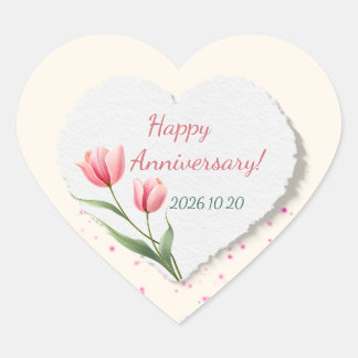 Pegatina En Forma De Corazón Feliz aniversario Corazón de acuarela de tulipán r