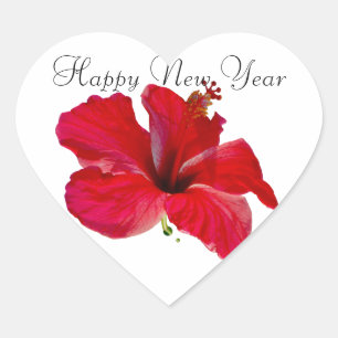 Pegatina En Forma De Corazón Feliz Año Nuevo Rojo Hibiscus