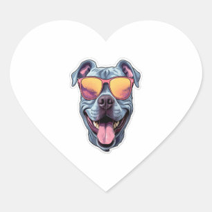 Pegatina En Forma De Corazón Feliz azul Pitbull con gafas de sol