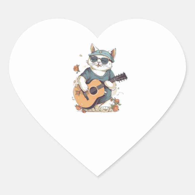 Pegatina En Forma De Corazón Feliz cumpleaños al gato cantando y tocando guitar (Anverso)