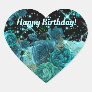 Pegatina En Forma De Corazón Feliz cumpleaños Rosas Verde azulados con Aqua P