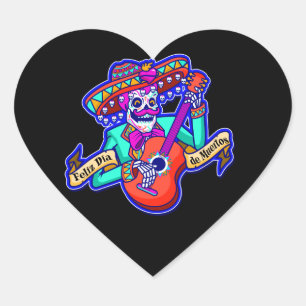 Pegatina En Forma De Corazón Feliz Día de Muertos con Skeleton tocando guitarra