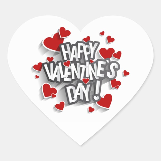Pegatina En Forma De Corazón Feliz Día de San Valentín (A heart-shaped sticker with the text "Happy Valentine's Day surrounded by red hearts.)
