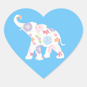 Pegatina En Forma De Corazón Feliz Elefante Patrón de Arte Flor Cuto Azul Único