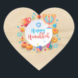 Pegatina En Forma De Corazón Feliz Fiesta Hanukkah Decoración Hermosa<br><div class="desc">Feliz Fiesta Hanukkah Hermosa Decoración, Festividades Judías, Pegatina Clásico Redondo. El fondo judío de Hanukkah con los símbolos tradicionales de Chanukah - dreidels de madera (hilatura superior), donuts, menorah, velas, estrella de David y luces brillantes Patrón de vintage de papel antiguo. Decoración del Festival Hanukkah. Jerusalén, Israel. Artesanías y artículos...</div>