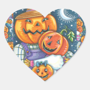 PEGATINA EN FORMA DE CORAZÓN FELIZ JACK O LANTERN FAMILIA, COLORIDA Y CUIDADA