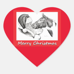 Pegatina En Forma De Corazón Feliz Navidad, Santa y Caballo