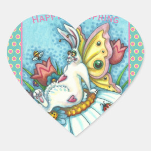 PEGATINA EN FORMA DE CORAZÓN FELIZ PRIMAVERA FLUTTERBUN RABBIT, FUNNY BUNNY FAI