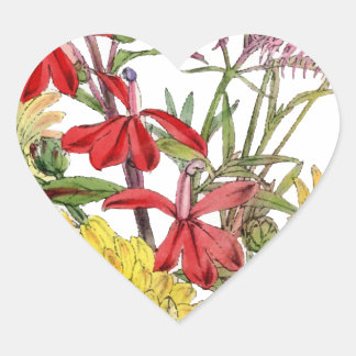 Pegatina En Forma De Corazón Fiesta floral de primavera festiva roja y amarilla