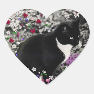 Pegatina En Forma De Corazón Filas en flores II - Gato de Tuxedo