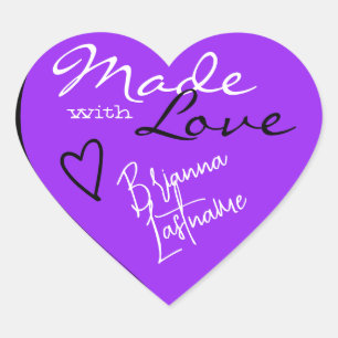 Pegatina En Forma De Corazón Firma Script Brillante Purple hecho con amor