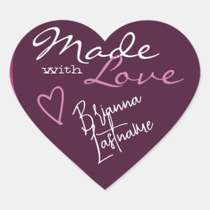 Pegatina En Forma De Corazón Firma Script Pluma púrpura hecha con corazón de am