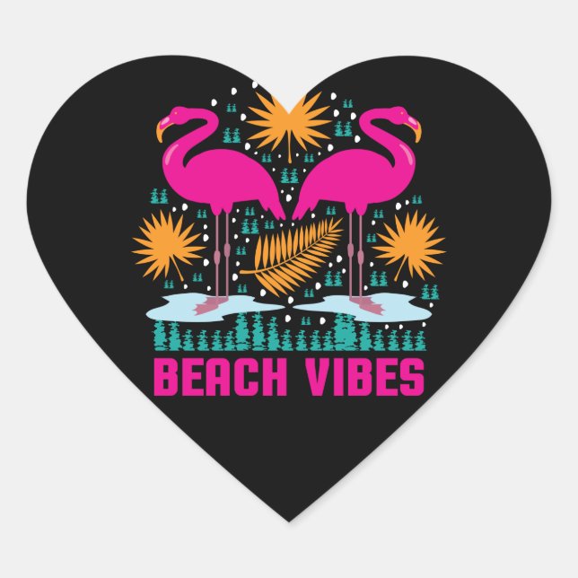 Pegatina En Forma De Corazón Flamencos rosados de los pepitas de playa-19501 (Anverso)