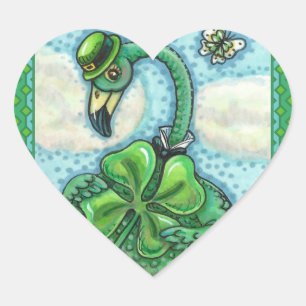 PEGATINA EN FORMA DE CORAZÓN FLAMINGO VERDE IRLANDÉS, CUTE FELIZ ST. EL DÍA DE