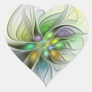 Pegatina En Forma De Corazón Flor de fantasía colorida Resumen moderno Fractal