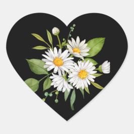 Pegatina En Forma De Corazón Flor de margarita sobre fondo negro Pegatina