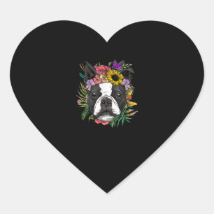 Pegatina En Forma De Corazón Floral Boston Terrier Perro Primavera Naturaleza P