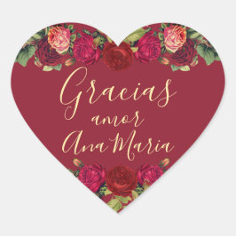Pegatina En Forma De Corazón Floral de Borgoña Quinceanera Celebración Gracias